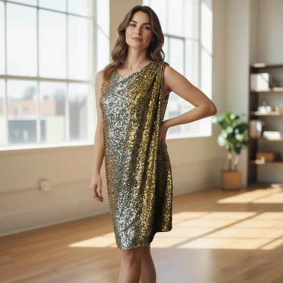 J.Crew Collection | Dresses | J Crew Collection Gold Sequin Greek Style  Dress Size M Cotton Silk Pullover | Poshmark